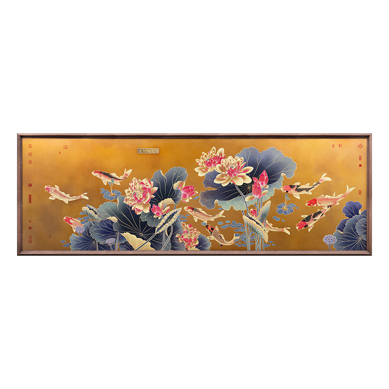 新中式客厅装饰画沙发背景墙横幅挂画锦鲤新九鱼图铜画连年有余财