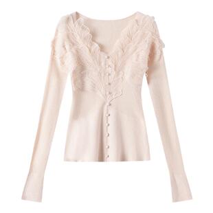 奥芝国粉色羽毛绵羊毛针织衫打底衫女早春新款蕾丝高级感内搭上衣