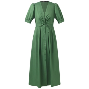 歌莉娅绿色连衣裙女夏季裙子穿搭好看V领扭结棉布A字裙1C4C4K460