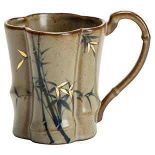 仿古描金手绘青竹水杯喝茶杯主人杯带把陶瓷马克杯女士咖啡杯