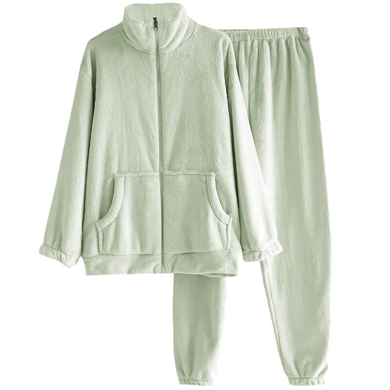 网红风睡衣冬季女款加厚珊瑚绒家居服套装拉链可外穿居家服法兰绒