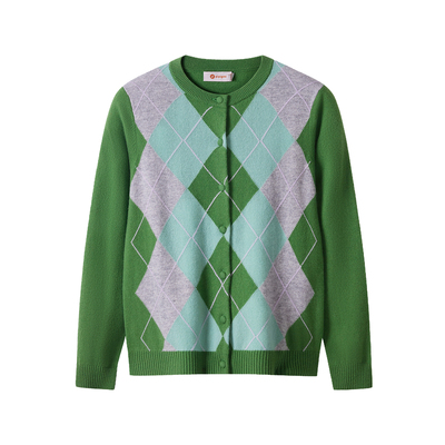皮皮狗复古菱形格纹提花羊绒开衫