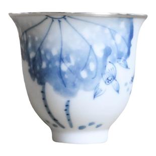 纯银时代 十里荷花瓷包银杯礼盒手绘品茗杯999足银主人杯送礼60ml