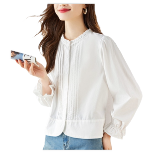 初影 木耳领白衬衫女长袖2026春装风琴褶设计感上衣纯棉内搭衬衣
