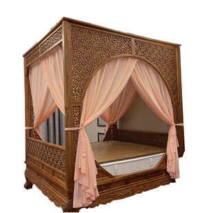 中式明清古典单双月洞拔步架子床仿真丝血牙色柔肤纱装饰防蚊床幔