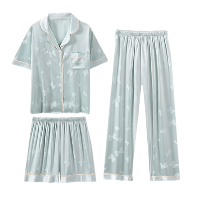 100%桑蚕丝蝴蝶三件套睡衣礼盒装