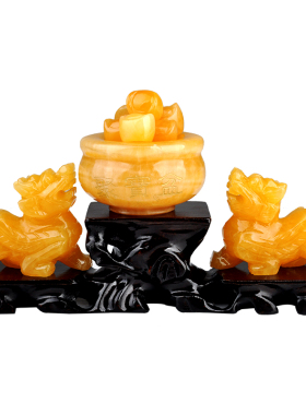 祥云阁黑曜石貔貅工艺品米黄玉