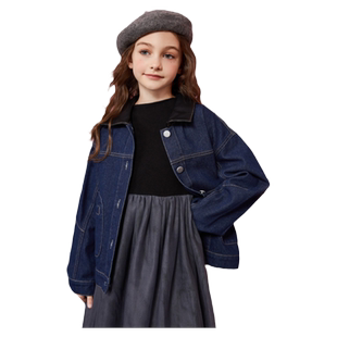 ask女童外套2025春秋装新品儿童皮领休闲复古水洗牛仔外套