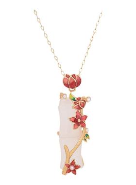 中国风配饰古法镀金珐琅彩绘竹报平安竹节仿和田玉复古挂坠项链女