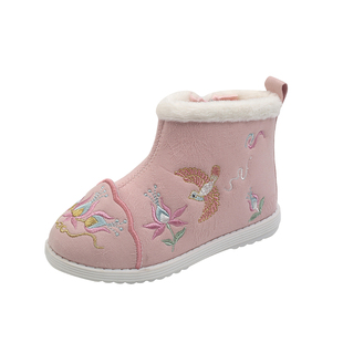 初步生莲汉服棉鞋女童唐装拜年鞋子冬季加绒绣花鞋儿童古风棉靴冬