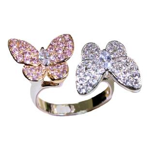 满钻双色蝴蝶结开口戒指中食指环女18K玫瑰金白贝母绿松石高级感