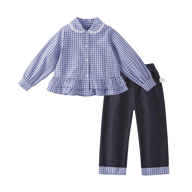 [7A抑菌]女童套装春款宝宝春装条纹翻折衣服春新款法式儿童两件套