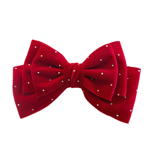 女童带钻暗红色大蝴蝶结发夹冬季在逃公主珍珠链立体顶夹马尾发圈