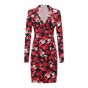 [100%真丝]DVF度假红裙长袖短款桑蚕丝裹身连衣裙DW4R016