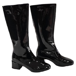 四季通用粗跟高筒靴金色银色糖果色亮漆皮模特舞台走秀大码小码鞋