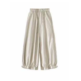 春装卡其色木耳边灯笼裤子大码女胖mm显瘦九分休闲阔腿气球花苞裤