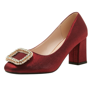 婚礼妈妈鞋粗跟方头酒红色高跟鞋春秋旗袍喜婆婆婚宴单鞋女小码33