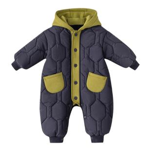 婴儿连体衣棉服宝宝夹棉爬服女宝洋气男宝宝衣服假两件外出服冬装