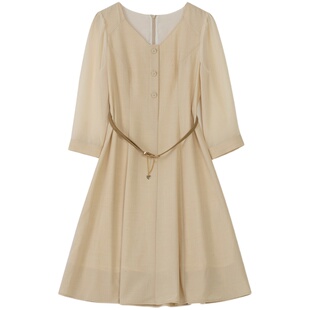 天谜连衣裙淑女收腰修身V领纯色简约韩版A版春季女装TMi221049