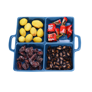 双耳过年零食盘陶瓷水果盘子四宫格干果盘点心糖果两格碟酒吧拼盘