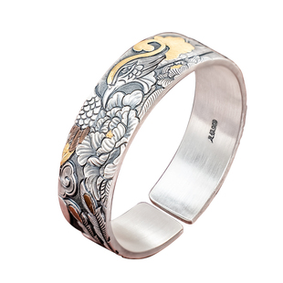 滇庆堂银手镯999纯银纯手工非遗古法手镯民族风凤穿牡丹镯子送礼