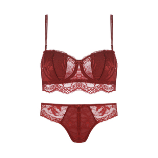 本命年内衣套装女薄款大胸显小收副乳结婚新娘红色蕾丝文胸秋冬季