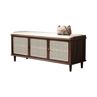 中古风实木换鞋凳家用门口复古藤编储物穿鞋凳一体入户可坐鞋柜