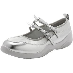 百丽女鞋子新款银色芭蕾浅口单鞋厚底运动风玛丽珍鞋B9Z1DCQ4预