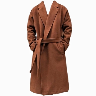 F4man韩国大牌风纯黑色过膝长款系带大翻领宽松风衣男呢大衣外套