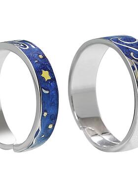 梵高的星空情侣对戒纯银戒指刻字