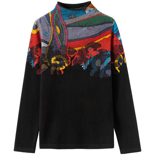 旺秋女100%纯羊毛衫秋冬毛衣宽松半高领中老年针织打底衫印花上衣