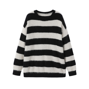 URLAZH有兰秋季新款复古百搭条纹貉绒拉毛圆领宽松针织套头毛衣女