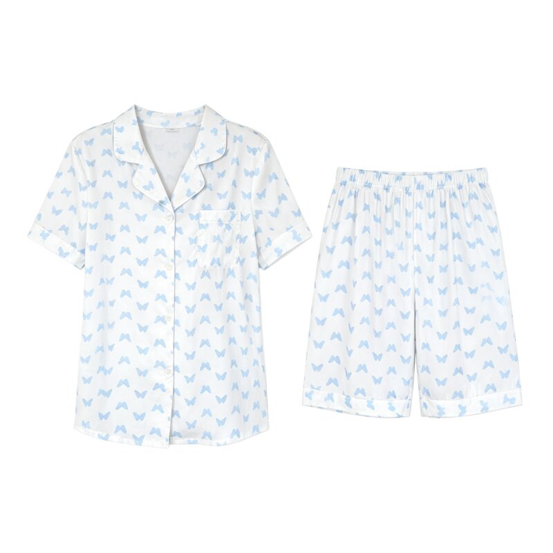 猫人真丝蝴蝶睡衣女2026夏季薄款冰丝短袖宽松家居服送闺蜜礼盒装
