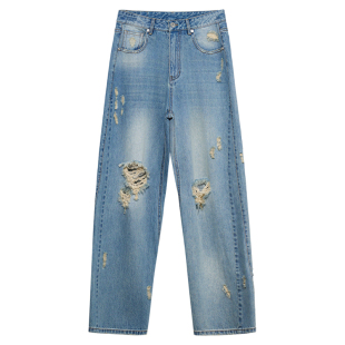 NancyCavally专柜款獨家定染水洗牛仔 街头感随性破洞直筒牛仔裤