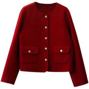 复古红色小香风宽松短款羊毛双面呢大衣女秋冬新款小个子毛呢外套