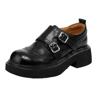 Rosa Bianca厚底小皮鞋女2025新款布洛克乐福单鞋黑色真皮僧侣鞋