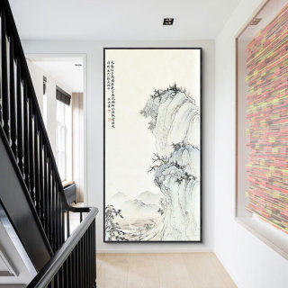 中式山水风景玄关画中国风客厅书房背景墙壁画入户走廊过道晶瓷画