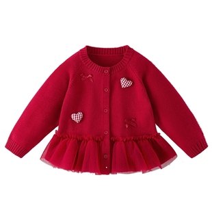 女童毛衣2026新款秋冬宝宝红色毛线衣小童针织衫洋气开衫儿童外套