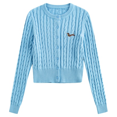 riverstone plus 多巴胺腊肠狗刺绣圆领毛衣女麻花纹短款针织开衫