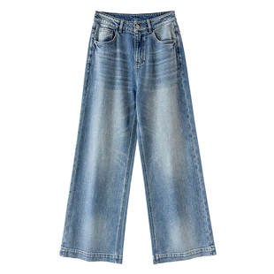 重工满天星！显瘦显腿长 口袋字母烫钻 浅蓝色窄版阔腿牛仔裤长裤
