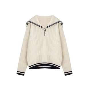 时然大码微胖MM25年冬款绞花打底衫撞色显瘦海军领针织衫套头毛衣