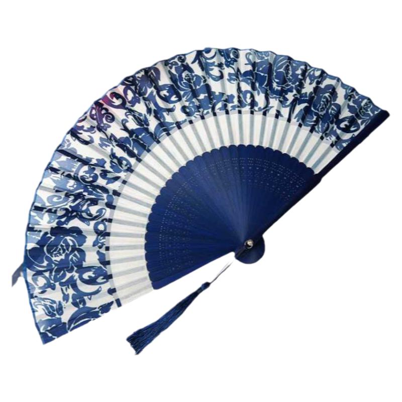 扇子中国风青花瓷古典绫绢折扇女式折叠扇汉服旗袍走秀高档小扇子