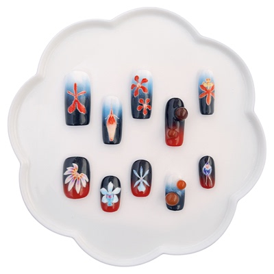 甲甲酱原创设计|浮世绘风新中式花卉兰花vintage纯手工穿戴甲