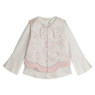 布丁哈鲁童装春装女童上衣2026春秋新款儿童新中式粉国风衬衫马甲