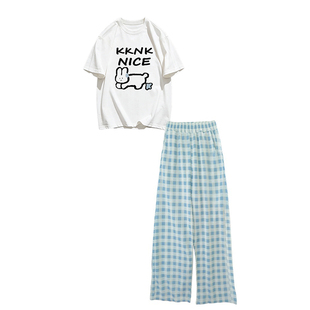 盐系女生短袖t恤格子长裤宽松裤子女小个子阔腿裤运动服女套装夏