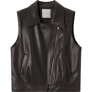 爱居兔甜酷风PU皮马甲女春秋新款美拉德风皮夹克无袖马甲