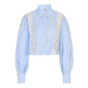 lefame拉飞姆时尚通勤百搭蕾丝条纹拼接衬衫长袖上衣女