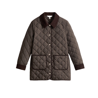 HM女装棉衣棉服春季薄款蔓菁白穿搭撞色菱格纹中长款夹克1000048