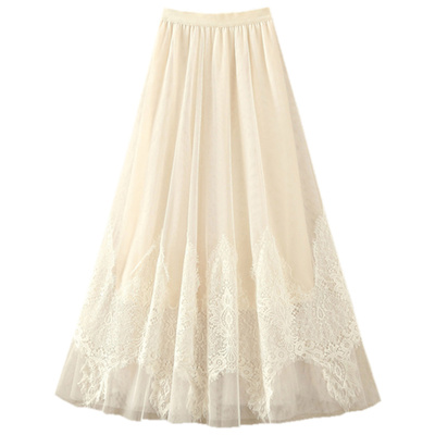 蕾丝拼接网纱高腰a字大摆半身裙