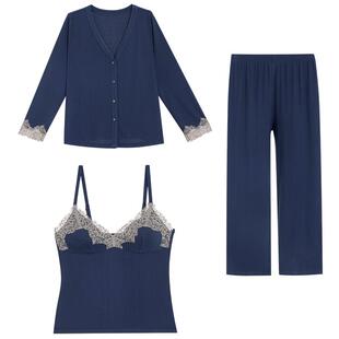 爱慕26春睡美人睡衣女抗菌防螨凉感开衫带胸垫吊衣九分裤三件套装